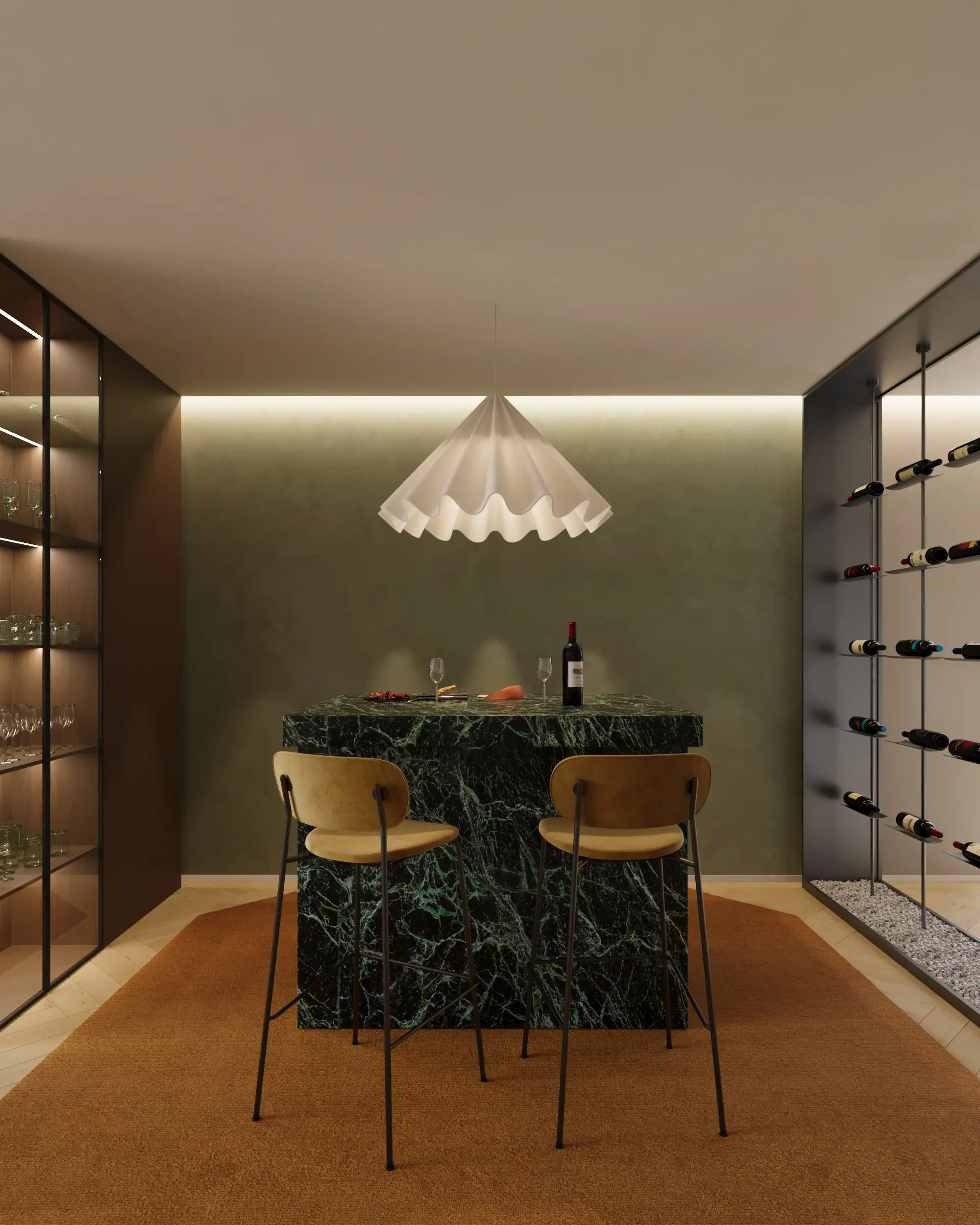 the-duneview-house_bar_casas-com-design Zona de bar do projeto The Duneview House, com balcão em mármore verde Alpi e estantes em nogueira com garrafeira integrada.