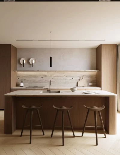 Cozinha do projeto The Duneview House, com ilha central, carpintarias em nogueira mate e mármore travertino com veios horizontais.