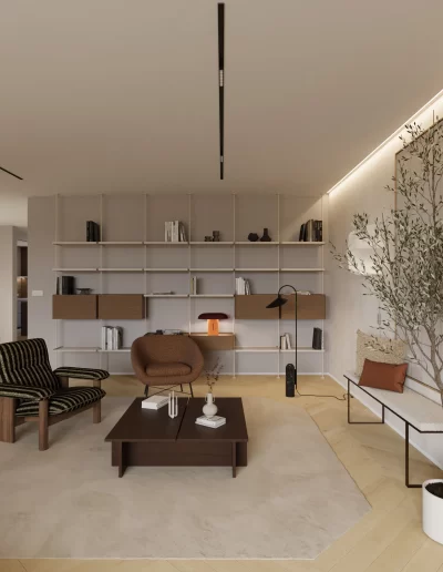 Canto de leitura no projeto The Duneview House, com estante metálica bege de linhas finas, arte minimalista e vegetação natural.