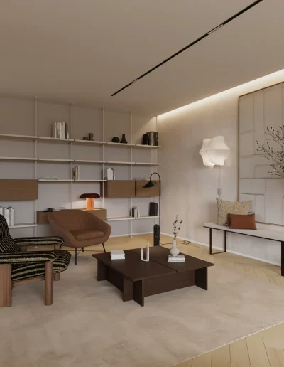 Canto de leitura no projeto The Duneview House, com estante metálica bege de linhas finas, arte minimalista e vegetação natural.