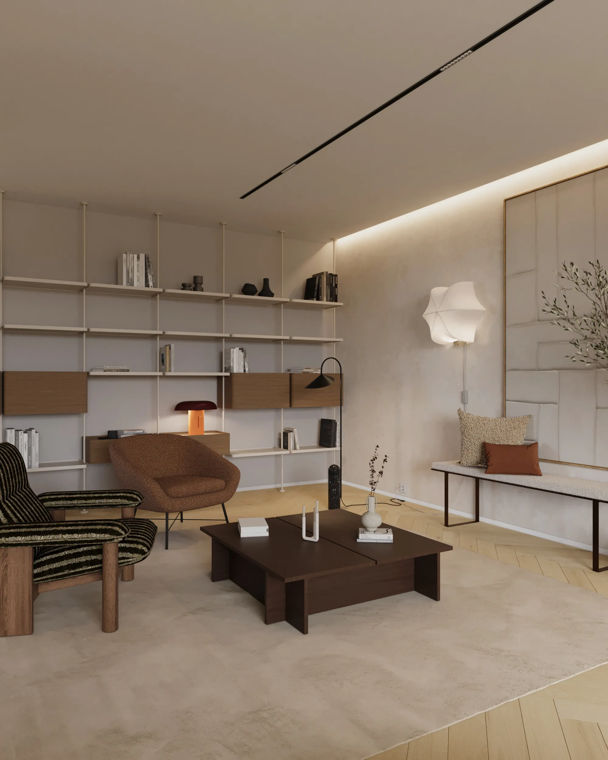 the-duneview-house_canto-de-leitura_casas-com-design Canto de leitura no projeto The Duneview House, com estante metálica bege de linhas finas, arte minimalista e vegetação natural.